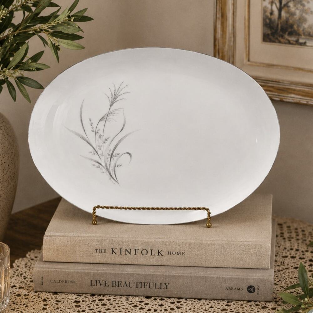 🌾🍞🍽️Retro Botanical Oval Serving Platter Tray Wheat Spray Pattern Silver Rim